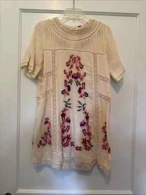 Free People Cream Embroidered Floral Short Sleeve Dress